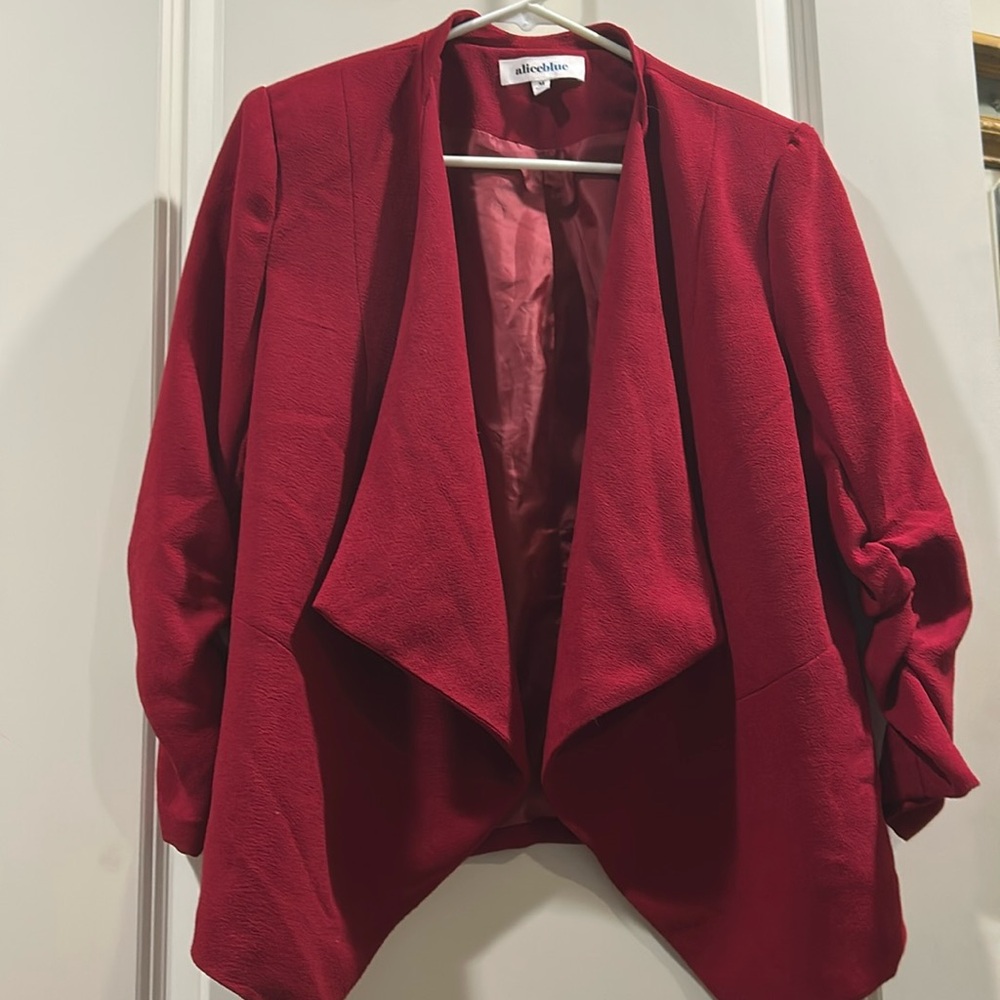 Alice Blue red textured drape open lapel Blazer lined ruched 3/4 sleeves size M